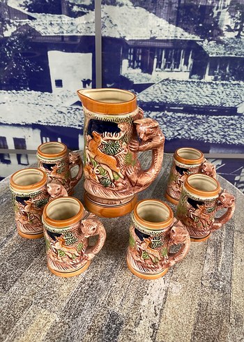 Geyik Figürlü Koyu Camel Seramik Sürahi ve Bardak Seti - Görsel 6