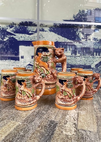 Geyik Figürlü Koyu Camel Seramik Sürahi ve Bardak Seti - Görsel 2