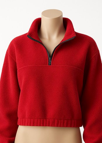 Kırmızı Yarım Fermuarlı Kadın Sweatshirt