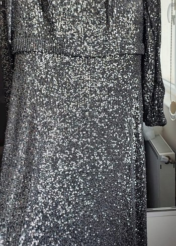 Gri Payetli Uzun Kadın Abiye Elbise - Görsel 5