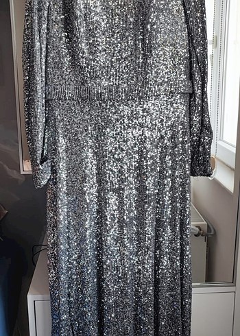 Gri Payetli Uzun Kadın Abiye Elbise - Görsel 2