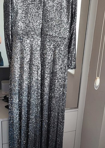Gri Payetli Uzun Kadın Abiye Elbise - Görsel 9