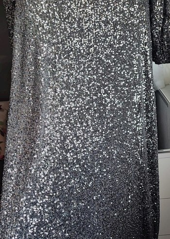 Gri Payetli Uzun Kadın Abiye Elbise - Görsel 4