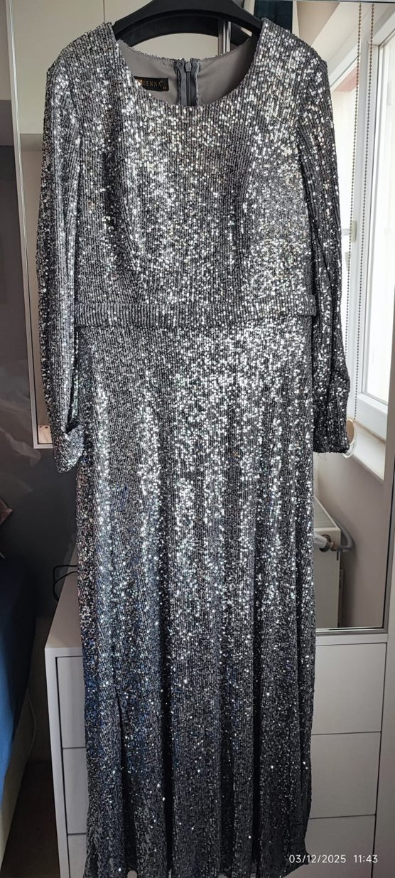 Gri Payetli Uzun Kadın Abiye Elbise - Görsel 2