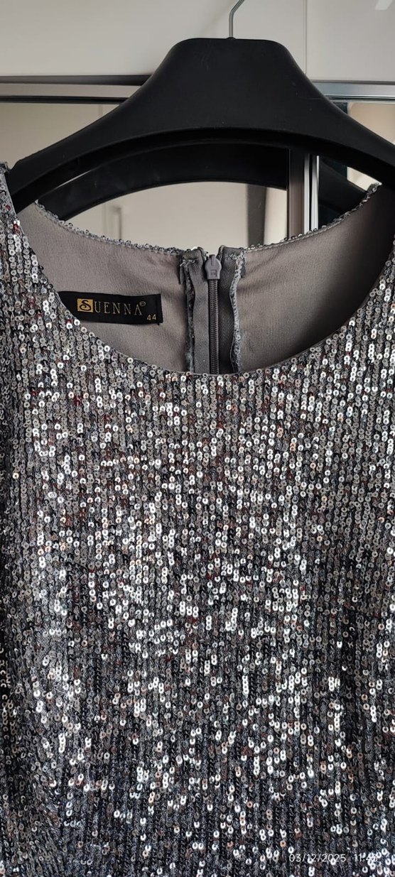 Gri Payetli Uzun Kadın Abiye Elbise - Görsel 3