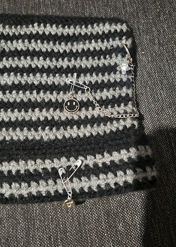 Gri Bohem Örgü Kadın Bere - Görsel 4