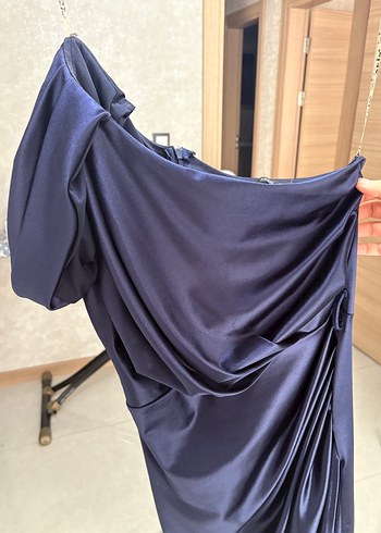 Straplez Drapeli Lacivert Uzun Abiye Elbise - Görsel 6