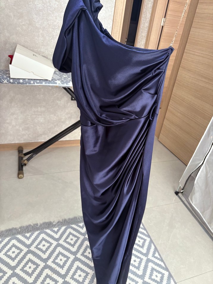 Straplez Drapeli Lacivert Uzun Abiye Elbise - Görsel 2