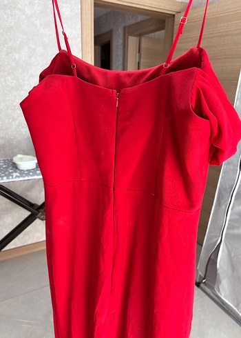 Koyu Kırmızı Drapeli Uzun Abiye Elbise - Görsel 4