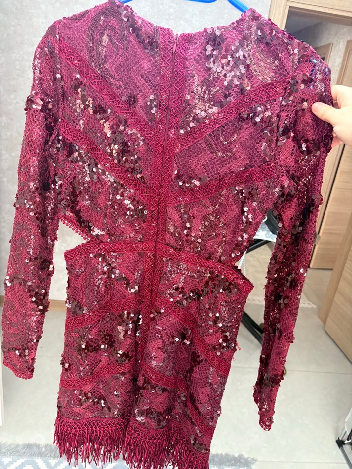 Bordo Payetli Mini Abiye Elbise - Görsel 2