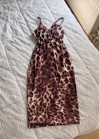 Kahverengi Leopar Desenli Uzun Kalem Elbise - Görsel 2