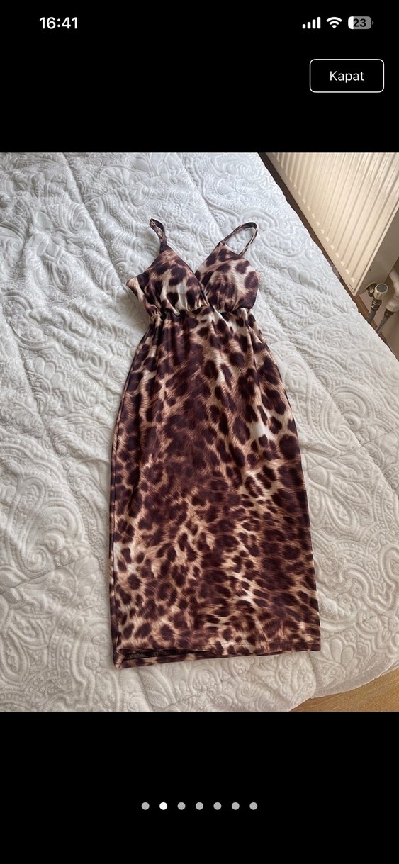 Kahverengi Leopar Desenli Uzun Kalem Elbise - Görsel 2
