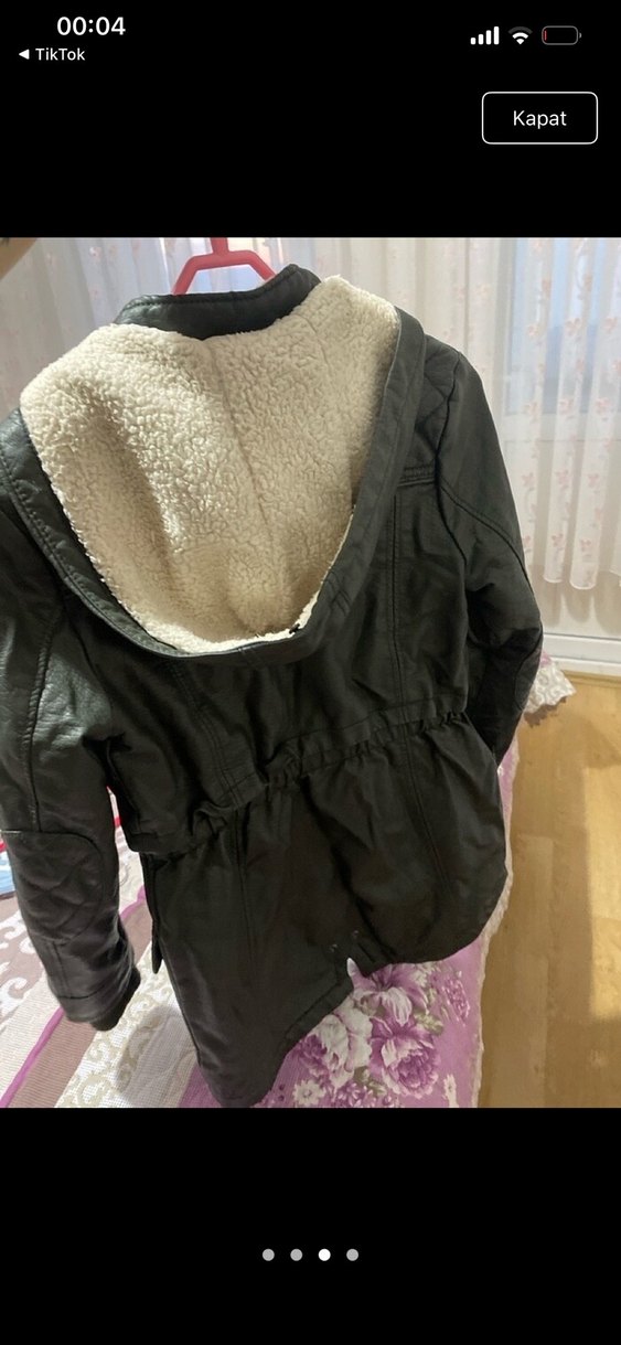 Haki Deri Kürklü Kemerli Kadın Mont - Görsel 2