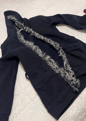 Lacivert Peluş Kürklü Uzun Kadın Ceket - Görsel 2