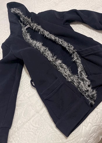 Lacivert Peluş Kürklü Uzun Kadın Ceket - Görsel 4