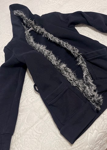 Lacivert Peluş Kürklü Uzun Kadın Ceket - Görsel 3