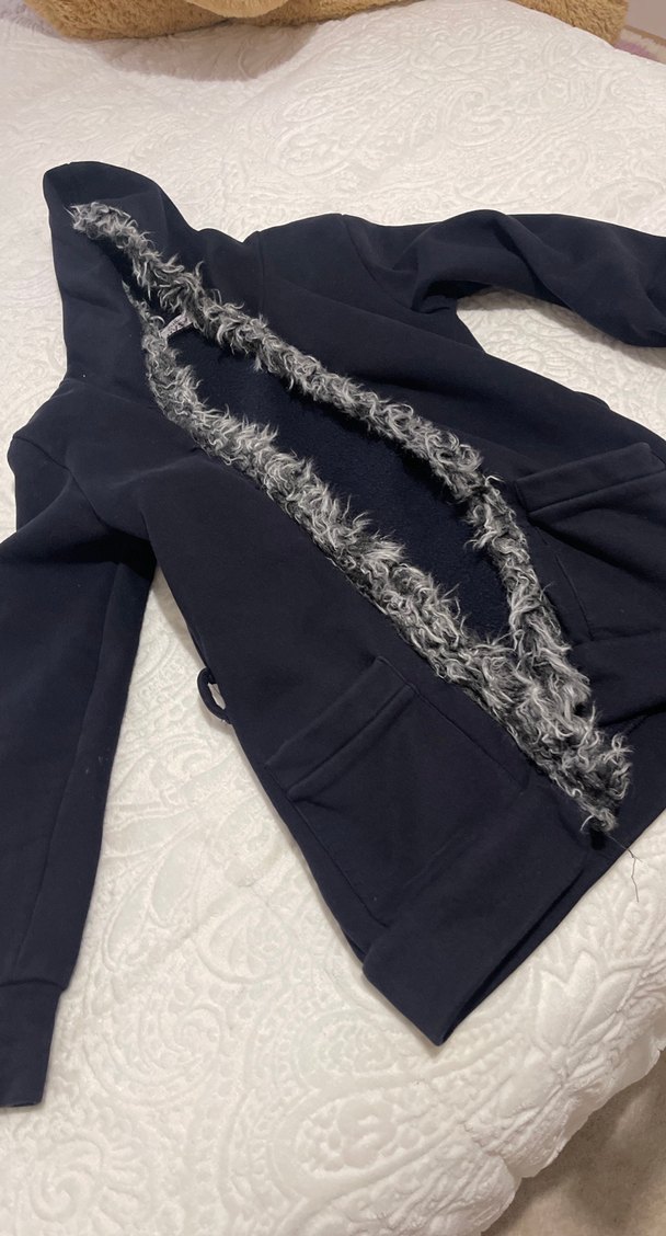 Lacivert Peluş Kürklü Uzun Kadın Ceket - Görsel 4