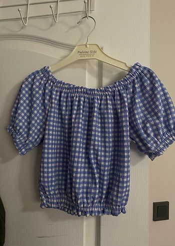 Mavi Kareli Kısa Kollu Mini Bluz