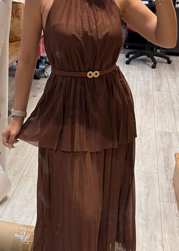 Kahverengi Pilili Mini Yüksek Yakalı Elbise - Görsel 5