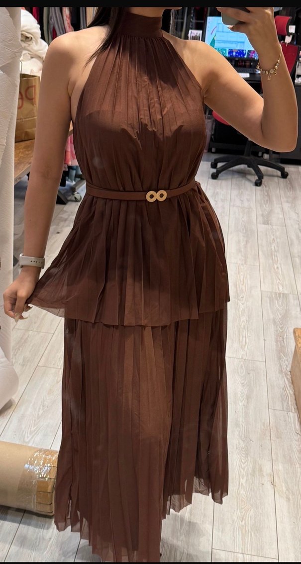 Kahverengi Pilili Mini Yüksek Yakalı Elbise - Görsel 5