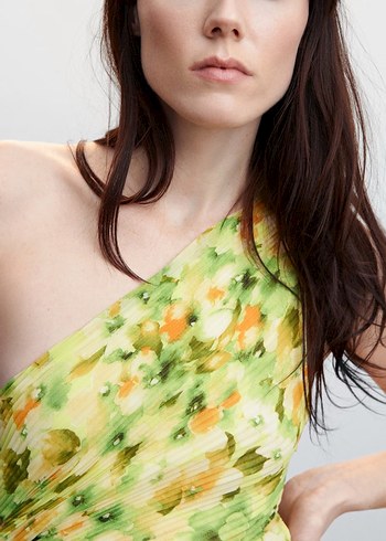 Mango Sarı Pilili Asimetrik Kesim Uzun Elbise - Görsel 8