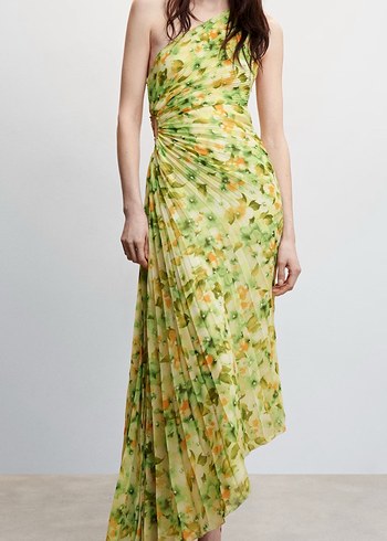 Mango Sarı Pilili Asimetrik Kesim Uzun Elbise - Görsel 6