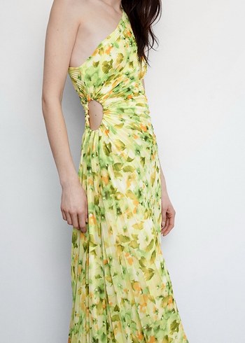 Mango Sarı Pilili Asimetrik Kesim Uzun Elbise - Görsel 4