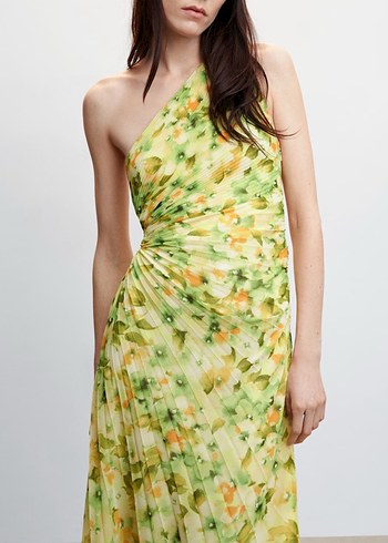 Mango Sarı Pilili Asimetrik Kesim Uzun Elbise - Görsel 5