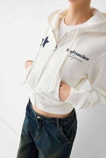 m Beden Bershka baskılı fermuarlı sweatshirt ceket