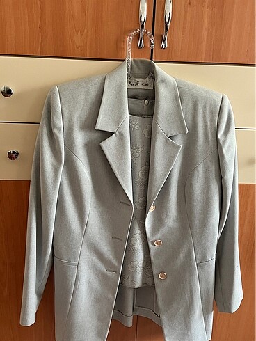 Kadın 3'lü açık gri takım blazer bluz ve pantolon