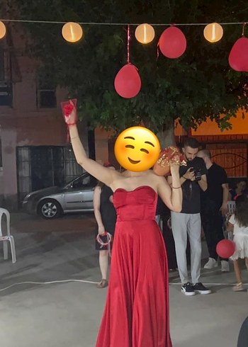 Kırmızı Straplez Uzun Abiye Elbise - Görsel 6