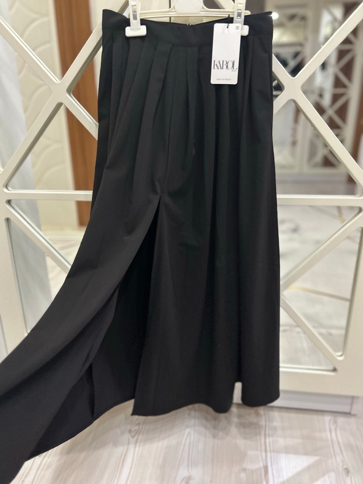 Karol kahve  pileli yırtmaçlı midi etek - Görsel 3