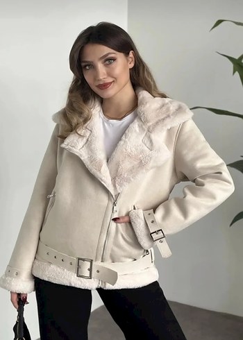 Kürklü Bej Süet  Kadın Ceket - Görsel 2