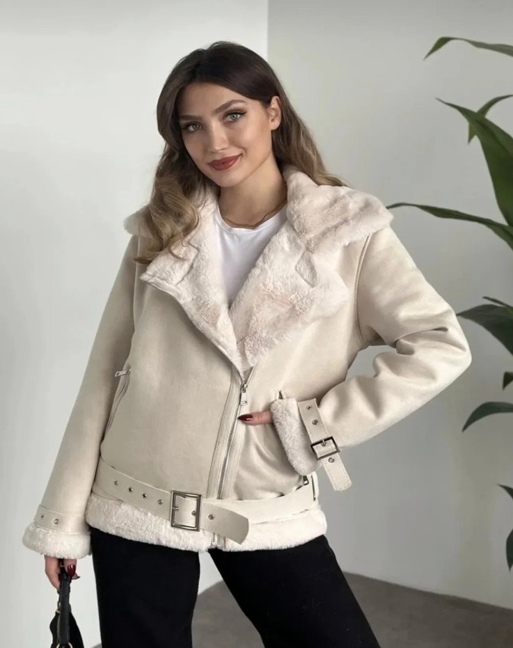 Kürklü Bej Süet  Kadın Ceket - Görsel 2