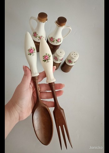 Beden Vintage Hostess Salata Seti - Porselen ve Ahşap