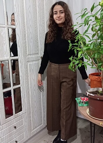 36 Beden kahverengi Renk Ekose kadın kumaş pantolon