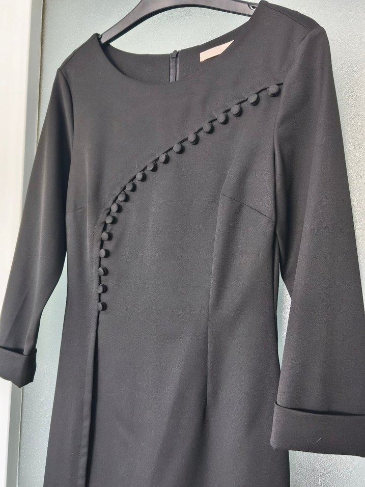 Düğmeli Siyah Uzun Kollu Ofis Elbisesi - Görsel 2