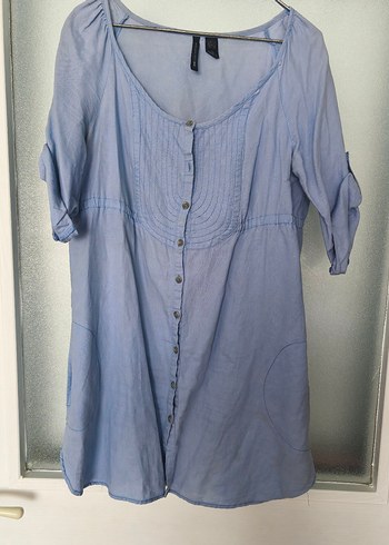 Düğmeli Mavi Keten Tunik - Görsel 7