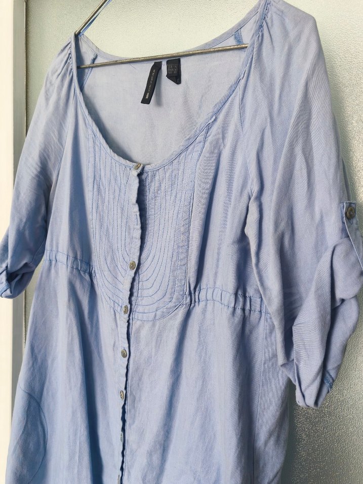 Düğmeli Mavi Keten Tunik - Görsel 5