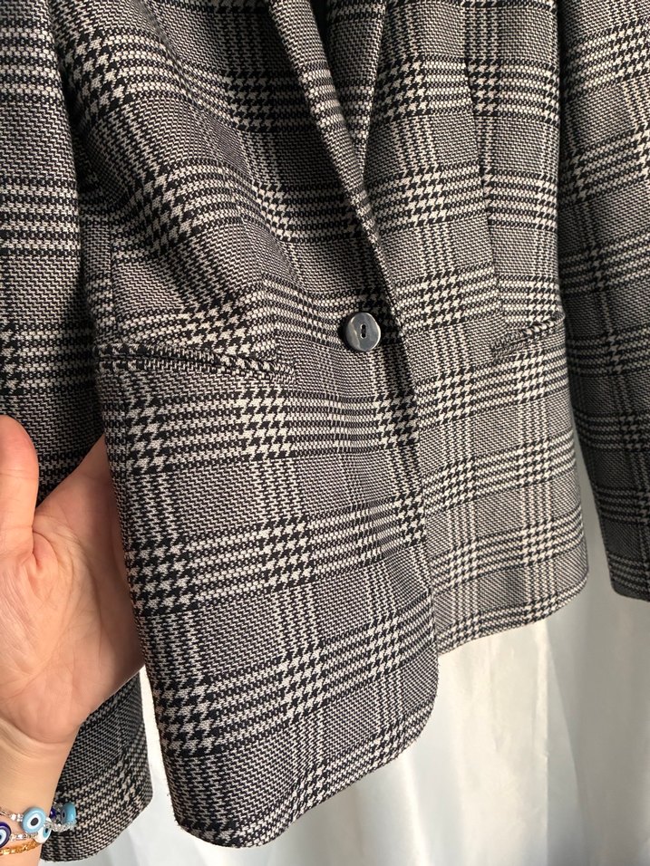 Gri Ekose Tek Düğmeli Blazer Ceket — görsel 3/9