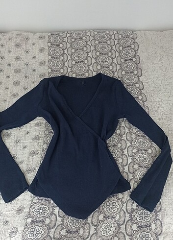 indigo lacivert fitted/vücuda oturan kruvaze yaka uzun bluz 