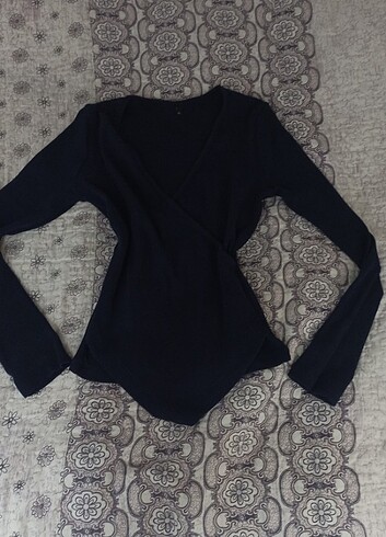 indigo lacivert fitted/vücuda oturan kruvaze yaka uzun bluz - Görsel 2