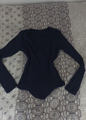 indigo lacivert fitted/vücuda oturan kruvaze yaka uzun bluz - Görsel 3