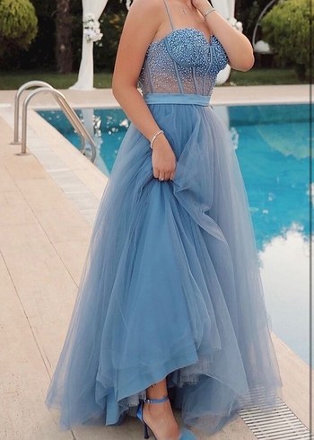 İşlemeli Mavi Uzun Abiye Elbise - Görsel 4