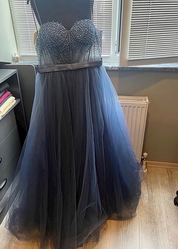 İşlemeli Mavi Uzun Abiye Elbise - Görsel 2