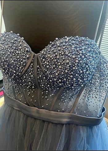 İşlemeli Mavi Uzun Abiye Elbise - Görsel 3