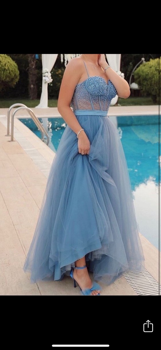 İşlemeli Mavi Uzun Abiye Elbise - Görsel 4