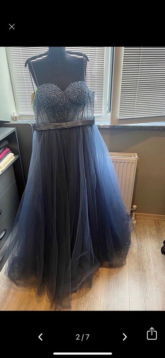 İşlemeli Mavi Uzun Abiye Elbise - Görsel 2