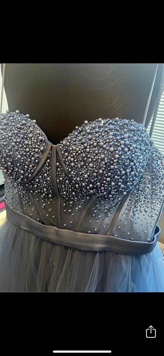 İşlemeli Mavi Uzun Abiye Elbise - Görsel 3