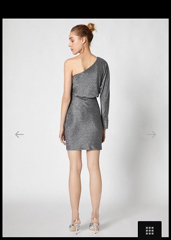 Tek Omuzlu Gri Simli  Mini Abiye Elbise - Görsel 2